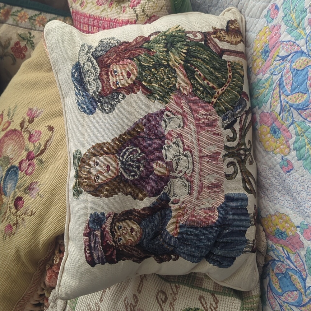 Antique dolls tea party with cat tapestry pillow